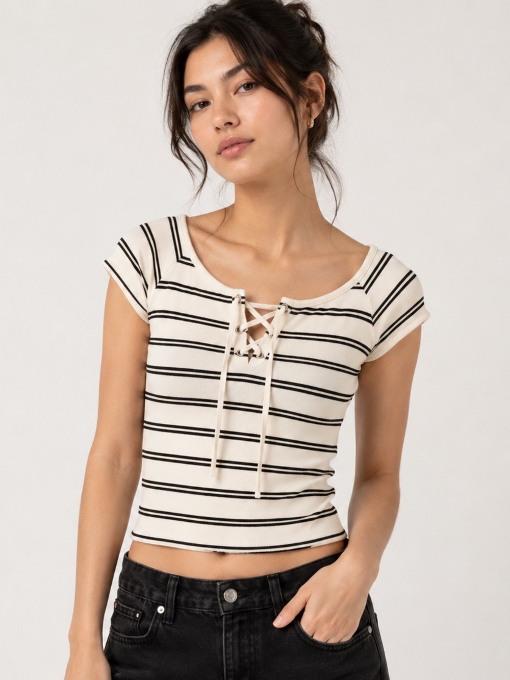 Massimo Dutti Striped Lace Up Knit Top Ivory Black Size M